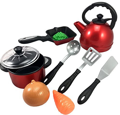 10-teiliges Spielküchenzubehör Set für Kinder – Topf, Pfanne, Wasserkessel & Gemüse – Robustes Küchenspielzeug für Puppenküche & Spielküche