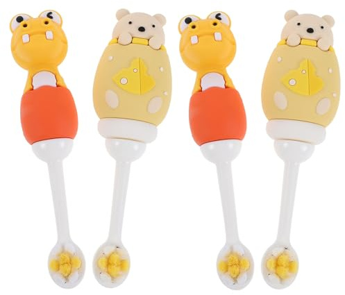 WESIEVYA Cepillo de Dientes Infantil Suave para Bebés 0-3 Años Set de 4 Unidades Diseños de Dibujos Animados Oso Amarillo X2 Dinosaurio Amarillo X2 Cabezal Pequeño Cerdas Extra