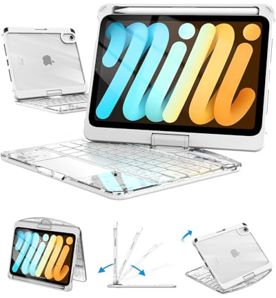 Funda transparente con teclado para iPad Mini 7 A17 Pro (2024) y Mini 6 (2021) de 8.3 pulgadas, teclado inalámbrico retroiluminado de 7 colores con panel táctil, soporte giratorio de 360°, soporte