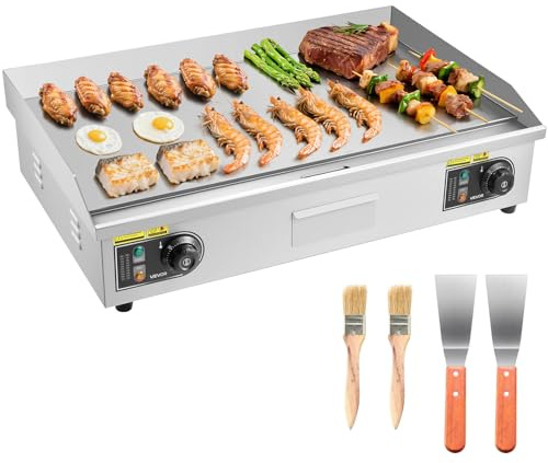 VEVOR Gewerbliche Elektrische Grillplatte 4400 W, Tischgrillplatte 725x400 mm Grillfläche, 50–300 °C Elektrogrill mit 2 Spateln & 2 Bürsten & 4 Fußpolstern, für Steaks Pfannkuchen Pizza, Ohne Stecker