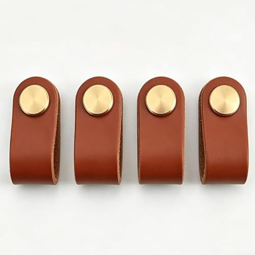 Juego de 4 asas de muebles de cocina de piel marrón, color marrón caramel, botón de mueble para cajón y armario, manija de muebles de diseño vintage con tornillos, muñeca de puerta interior para