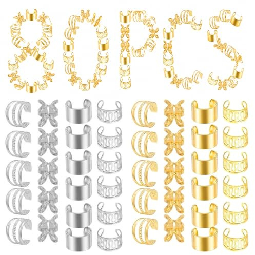 80 Stück Haarschmuck für Zöpfe & Dreadlocks, Gold & Silber Verstellbare Haarperlen zum Klipsen, Flexibler Braids Schmuck aus Aluminium, Haaraccessoires für Hip-Hop Style, Festivals & Stylisten
