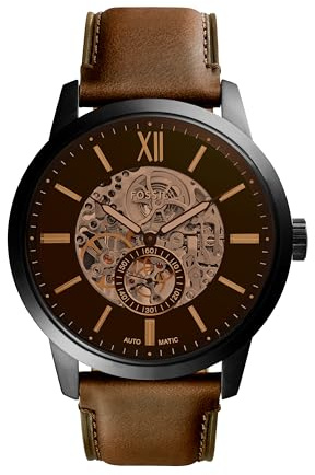 Fossil Men's Watch, Townsman Automatic Stainless Steel and Leather Three-Hand Skeleton Watch for Men, Color: Black, Dark Brown