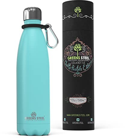 Greens Steel Botella de Agua en Acero Inoxidable - 500 ml, Azul I Aislado al Vacío de Doble Pared I Mosquetón y Caja de Regalo Incluidos I Reutilizable, a Prueba de Fugas para Adultos y Niños