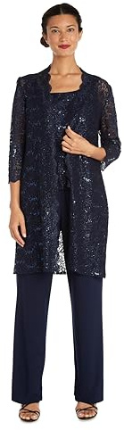 R&M Richards Women's 3 PCE Laced Duster Jacket Shell and Solid Pant Formal Night Out Dress