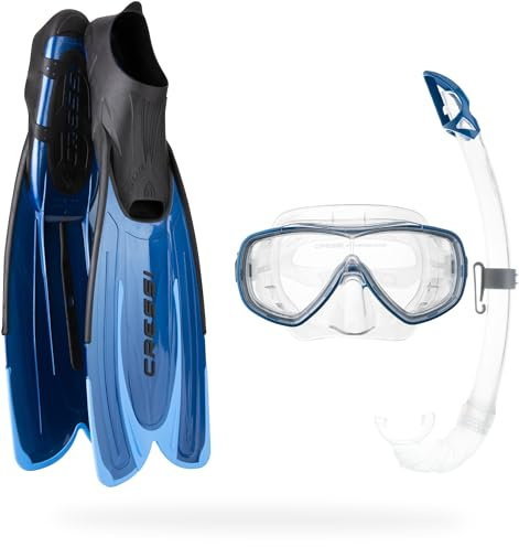 CRESSI seit 1946 - Agua+Onda+Mexico - Komplettes Schnorchelset für Erwachsene - Bestehend aus Agua Flossen, Onda Maske, Mexico Schnorchel, Netzbeutel - Blau - 35/36