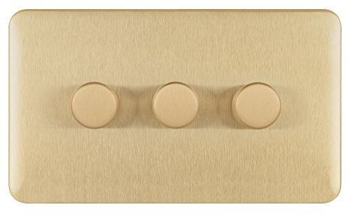 Schneider Electric Lisse Screwless Deco - 3 Gang Universal 2 Way Dimmer Light Switch, 250 W/VA, GGBL6032CSBS, Satin Brass