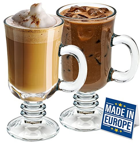 Volarium Irish Coffee Glass Mugs, Latte Cups, Set of 2 Cappuccino and Hot Chocolate Mugs with Handle, Clear Glass Cups for Hot Beverages, 7 3/4 oz