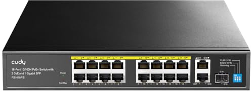 Cudy Switch PoE+ non gestito a 19 porte da 10/100 Mbps, FS1018PS1 | 16 porte 802.3af/at FE, 2 porte GbE upstream, 1 porta in fibra, isolamento delle porte/modalità 250 m tramite DIP