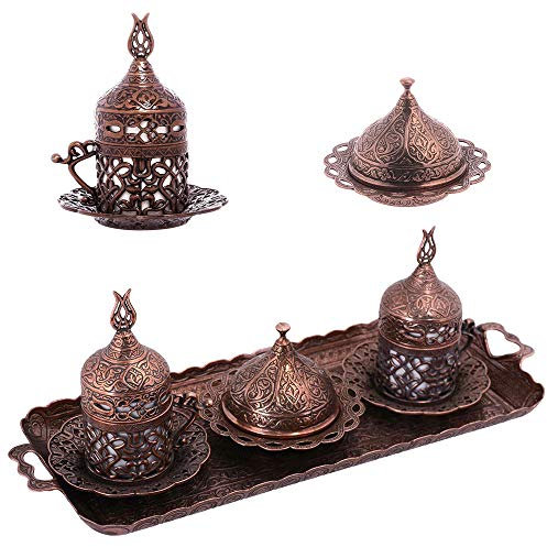 Alisveristime Türkisches Kaffeeset für Zwei – authentische Tassen im osmanischen Stil, Untertassen und Serviertablett mit Lale-Motiven (Acur) (Kupfer)