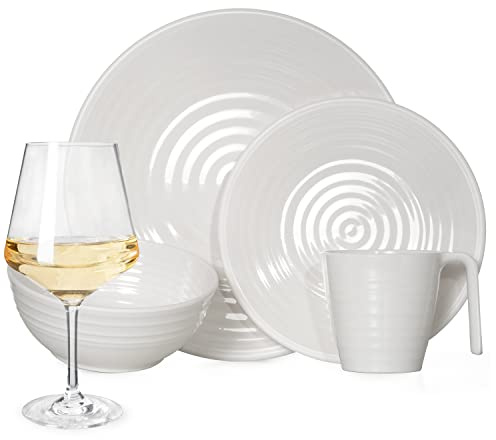 Melamin Camping Geschirr Set 1-4 Personen I 4-32 Teilig I Tasse I Schüssel I Gläser I Teller Set I Picknick BBQ Kochgeschirr I Crema Design