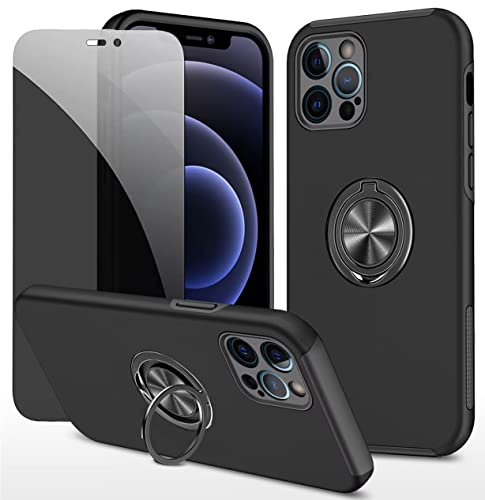 Dechyi Anti-Spähen hülle für iPhone 12 Pro Schwarz Handyhülle mit Sichtschutz aus gehärtetem Glas Displayschutzfolie mit Ringhalterung stoßfest, Kratzfest PC-Silikon strapazierfähig Schutzhülle