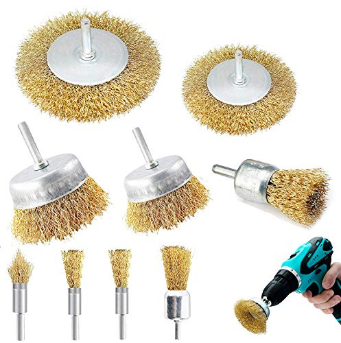 PLATEYTR 9Pcs Drahtbürste Bohrmaschine, Messing Beschichteter Drahtbürsten Rad- & Becherbürstensatz Drahtbohrbürstensatz zum Entfernen von Rost, Entfernen von Farbe, Entstaubung, Entfetten, Entgraten
