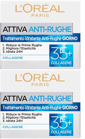 L'Oréal Paris Aktive Anti-Falten-Tagescreme Feuchtigkeitsspendende Gesichtspflege mit Kollagen gegen erste Falten 35+ elastische Wirkung straffend für die Haut - 2 Dosen à 50 ml