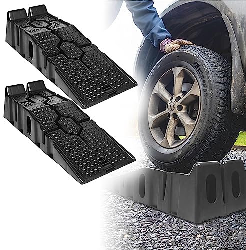 JOIEYOU 2 Stück Auffahrrampe PKW Kunststoff Auffahrkeile Set KFZ Rampe Laderampe bis 2.5 Tonnen KFZ-Auffahrt Plattform Hebebühne mit Überfahrschutz Hebeplattform Auffahrschiene Verladerampe