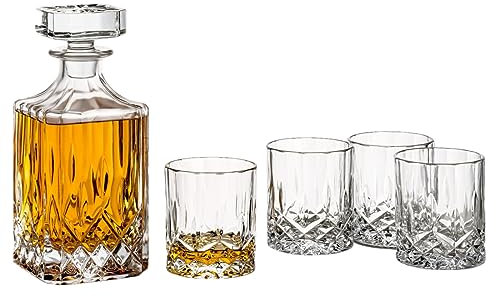 gouveo Whiskykaraffe mit 4 Gläser 35148 - Dekanter-Set aus hochwertigem Glas mit 4 passenden Whiskygläsern - Tolles Geschenkset für Männer und Whiskyliebhaber