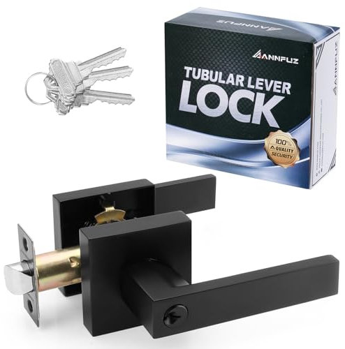 ANNFUZ Entry Door Handle with Lock and Keys,Front Door Exterior Door Lever,Not Alike Keys Reversible Lever for Right & Left Side,for Front Entrance and Bedrooms,Matte Black
