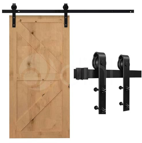 Dihl 6 Foot Sliding Door Steel Flat Track Hardware System, Single Wooden Barn Door Closet Style Mounting Kit, Black, 6Ft / 183cm