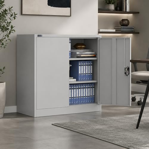 Makika Caisson de Bureau Verrouillable 40x90x90cm - Armoire de Rangement en Acier Avec 2 Portes - Étagère Réglable en Hauteur en Gris Clair