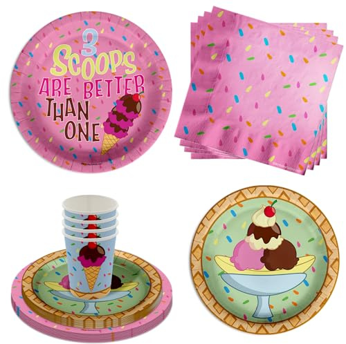 Girls 3rd Birthday Party Supplies - Three Scoops Ice Cream Birthday Paper Plates - 64 Piece Tableware Set Includes Large 9 Paper Plates Dessert Plates, Cups and Napkins Kit for 16