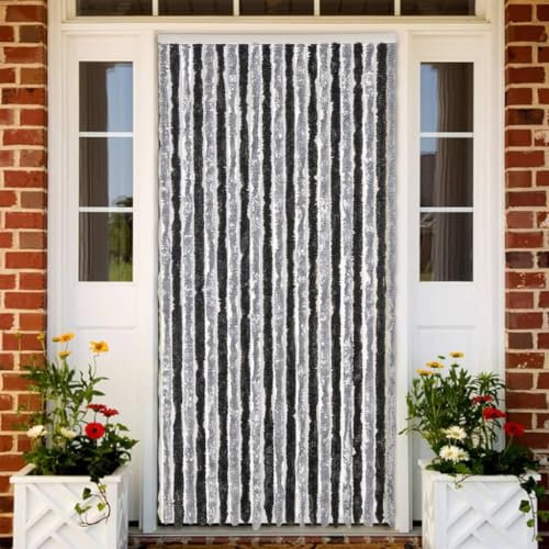 qohoio Fly Curtain Grey and Black 100x200 cm Chenille,Curtains Door Fly Screen Curtain For Doorways Window Decorations Room Divider