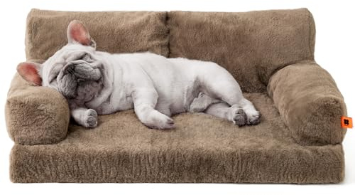 MEWOOFUN Sofá cama ortopédica para perros, tamaño mediano, impermeable, funda de felpa antiansiedad para cachorros, 90 x 65 x 30 cm (marrón, L)