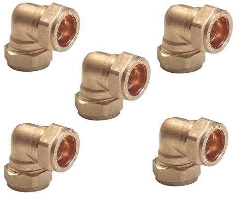 TC 15mm Brass 90 Degree Angle Compression Elbow Connector Fitting for Copper Pipe Pack of 5