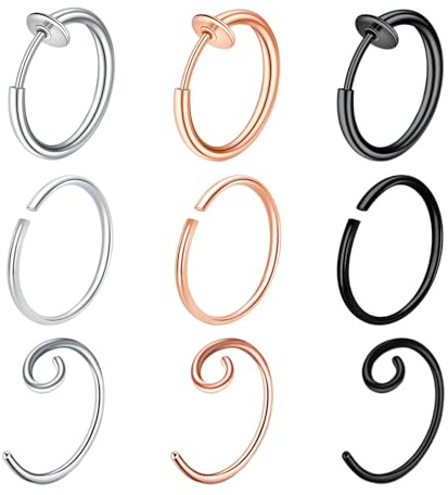 Besyvvin 9 Anello al naso finto Anello per piercing al naso finto Acciaio chirurgico Finto Anello per piercing al setto del naso Argento Oro rosa Nero