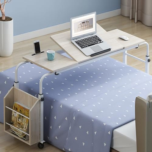 Table de lit réglable avec plateau inclinable et rangement latéral, idéale pour les patients alités ou le bureau à domicile, table de chevet roulante avec roulettes, couleur bois