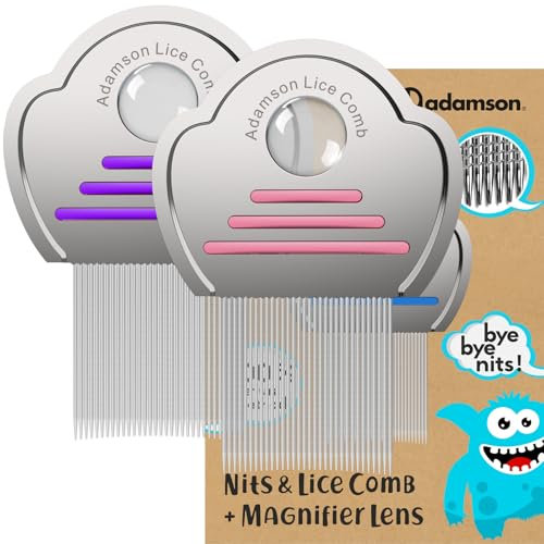 Adamson Lice Comb Duo - Stainless Steel Lice Combs for Kids x 2 - Effective Nit Comb - Lice Combs for Thick Hair - Durable and Easy to Clean - Pink & Purple Set