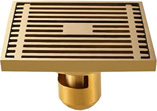 Quadratischer Duschablauf mit Haarsieb, Messing, Bodenablauf für Küche, Waschraum, Garage, abnehmbare Abdeckung, Gitterrost, 10,2 cm, goldfarben