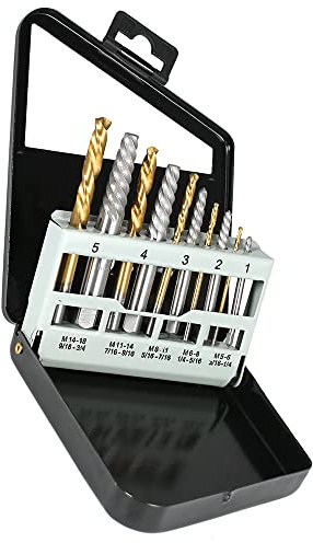 Left Hand Drill Bit Set 5pcs Screw Extractors + 5pcs Left Hand Drill Bits 5/64, 7/64, 5/32, 1/4, 19/64 Size for Removing Broken Bolts and Damaged Screws, with Metal Case