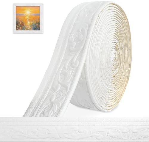 Bordatura autoadesiva in stucco 3D – 10 m x 8 cm x 5 mm – Modanature decorative autoadesive, impermeabili, listelli autoadesivi, per angoli linee, soffitti decorativi, bianco