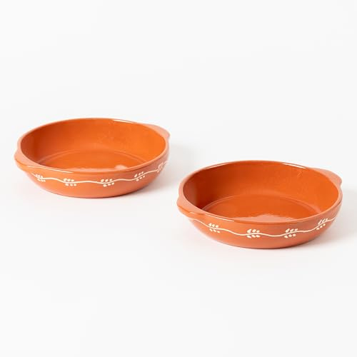 Set de 2 Cazuelas decoradas de Barro 21 cm aptas para Horno. Cazuelas de barro refractario perfectas para sopas y asados. Preserva el calor del alimento durante mas tiempo.