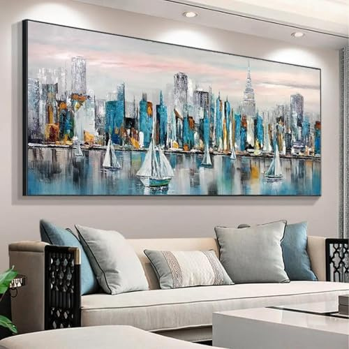 GOSRD Impressions sur toile, peinture abstraite, paysage urbain, texture, peinture, voilier, paysage, art mural moderne, décoration d'intérieur, 70 x 160 cm, sans cadre
