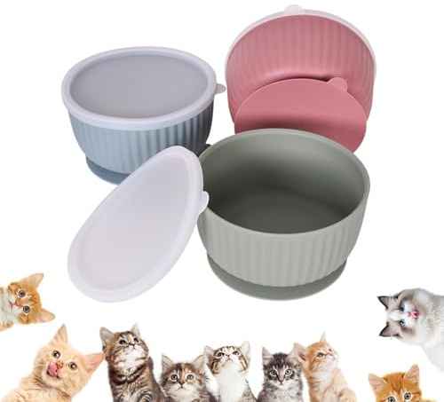3 Ciotole in Silicone per Gatti con Coperchio, Set di Ciotole Antiscivolo con Ventosa, per Gattini e Cani Piccoli, Adatto Alimenti Secchi e Umidi