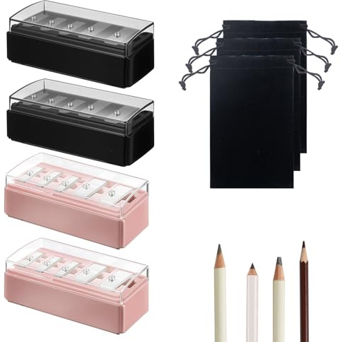 4 Stück 5 Loch Bleistiftspitzer Mini Bleistiftspitzer Handheld mit Kunststoffdeckel Anspitzer für Kajalstifte, Eyeliner-Stift, Kosmetikstift (Schwarz und Rosa)