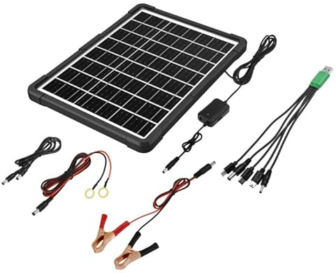 SECUPOE Chargeur solaire universel 20 W, sortie 5 V/9 V/12 V avec pinces de batterie et hub USB à 4 ports, panneau solaire portable étanche IP65 pour téléphone, tablette, batterie de voiture, camping