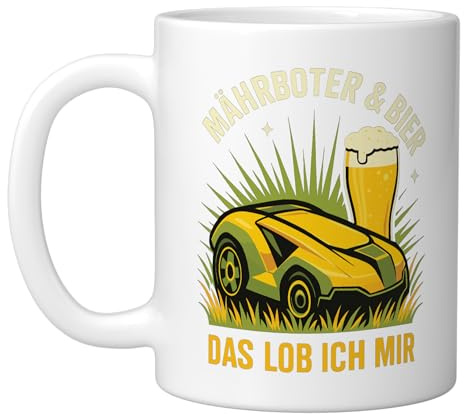 Robot lawn mower & beer I praise myself Ceramic Mug, White