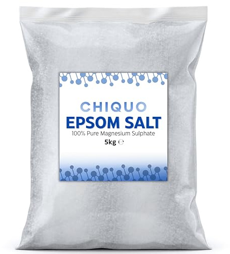 Chiquo Epsom Salt 5kg – 100% Pure Magnesium Sulphate – Unscented Bath Salt – No Additives – Multi-Purpose for Bath Soaking, Foot Soak, Gardening & Household Use