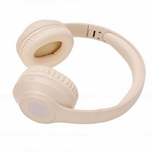 VELATEMOR FM Radio Headphones LED Display, Rechargeable Portable FM Headset with Best Reception Soft Ear Muffs for Meetings Hiking Jogging (Beige)
