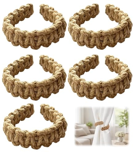 5 Piezas Alzapaños Trenzados para Cortinas, para Salones, Dormitorios | Ganchos para Cortinas Trenzados Bohemios, Abrazaderas de Cortina de Yute, Beige