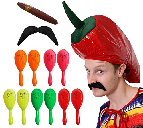 MEXIKANSK RÖD CHILLI Hatt, 2 X PLAST MARACAS, Jumbo CIGAR OCH STICK PÅ FANCY FÖR VÄRLDENS VÄRLDENS FANCY TRÄDGÅRD CHILLI HÄT, 2 X PLAST MARACAS, Jumbo CIGAR OCH STICK PÅ FANCA - PERFEKT FÖR VÄRG - PERFEKT FÖR V