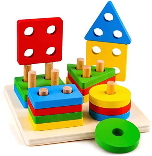 Boxiki kids Spielzeug zum Stapeln aus Holz & Stützbrett | Stapler für geometrische Formen | Spielzeug aus Holz ungiftig & umweltfreundlich | Spielzeug für frühe Kindheit