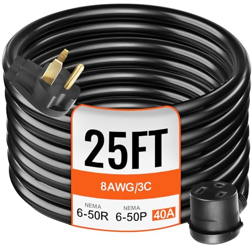 VEVOR Welding Extension Cord 40A 25ft, NEMA 6-50P to 6-50R Welding Cable, 8 AWG STW Heavy Duty Welder Power Cord for MIG TIG Plasma Lincoln Miller, ETL Listed
