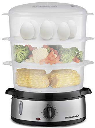 Elite Gourmet Maxi-Matic Electric Food Vegetable Steamer with BPA-Free 3 Tier Stackable, Nested Basket Trays, Auto Shut-off 60-min Timer, 800W, 9 Quart, Stainless Steel