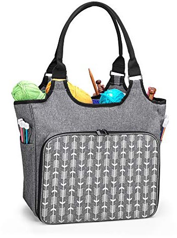 Yarwo Stricktasche zur Aufbewahrung von Wolle, Tasche für Wolle, Aufbewahrungstasche für Häkelnadeln Sets und Stricken Zubehör, Grau mit Pfeilmuster(PATENT ANGEMELDET) | 2 Hauptfächer mit 4 Taschen, 4 Ösen für Garn, Fronttasche, Rücktasche, 2 Seitentaschen, Stricktasche für Wolle