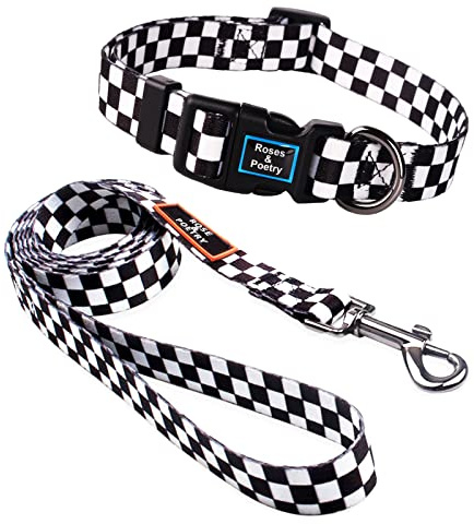 Roses&Poetry Hundeleine (1,5m) Hundehalsband im Set für Welpen Kleine Mittlere Große Hunde mit Wundervolles Design,Verstellbar Pet Hundehalsband und Hundeleine Leine Set（Schwarz/Weiß-L）