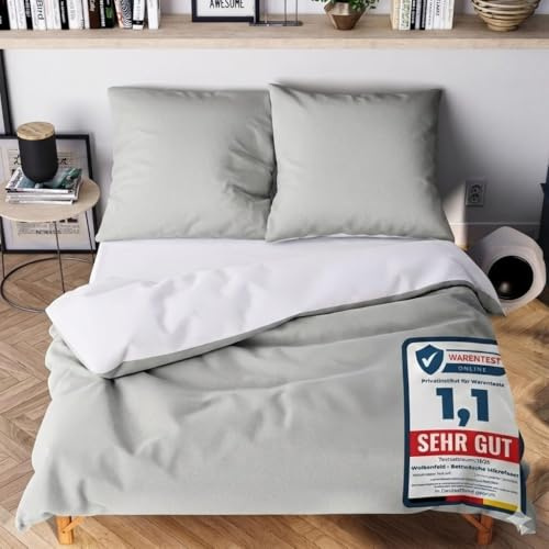 Wolkenfeld Bettwäsche 220x240 cm 3teilig – Hellgrau/Weiss - kuschlig weich & bügelfrei – ÖKO-TEX Zertifiziert – Mikrofaser Bettwäsche-Sets 1x Bettbezug 240x240 + 2X Kissenbezug 80x80