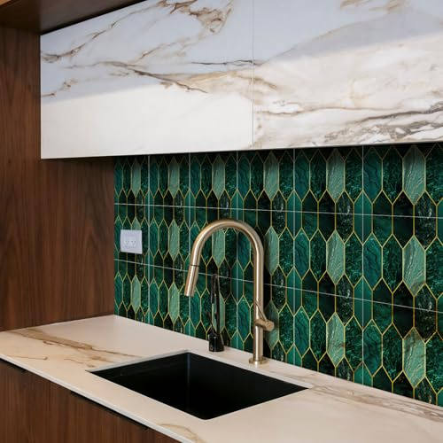 funlife Holographic Emerald Green Hexagon Marble Tile Sticker 15x15cm-30pcs | Water-Resistant Thickened Vinly, Peel and Stick Wall Tiles for Kitchen and Bathroom, Rainbow Holographic Reflection